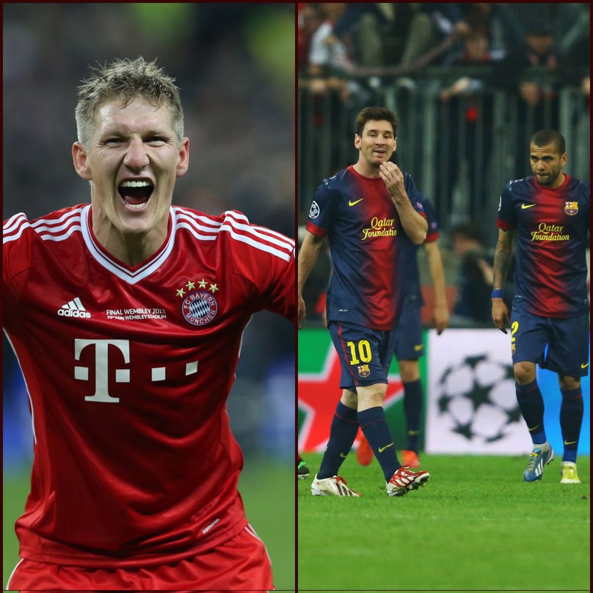 2013 UEFA Şampiyonlar Ligi yarı finalinde Barcelona'yı toplamda 7-0 yendikten sonra neler hissettiniz? Schweinsteiger: Barcelona'nın en iyi döneminde olmadığını biliyorduk, bu yüzden onları daha fazla utandırmak istemedik fakat aynı zamanda bu durumdan faydalanmak istedik.