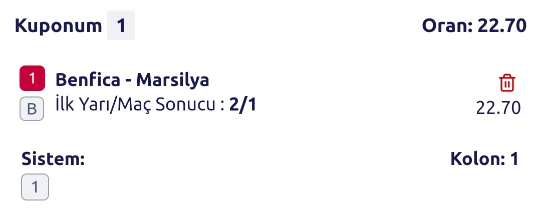 🔥Tekli  Süpriz

Tercih: Benfica-Marsilya maçına ilk yarı 2 maç sonucu 1 denedim

Oran: 22.70
 #bahis #iddaa #bet #rolling #banko #kupon #tonalibetting #kasakatlama #Canlibahis  #livebet  #futbol #canliiddaa #sportsbetting #basketbol #iddaatahmin #nesine  #kasakatlama