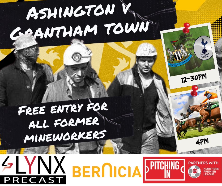 Next up: @granthamtownfc (h) A full day at Woodhorn Lane with NUFC v Tottenham to kick us off then the Colliers take on the Gingerbreads and the Grand National. Free entry for all former mineworkers too! Tickets 👇 ashingtonafc.ktckts.com/event/asn2324h…