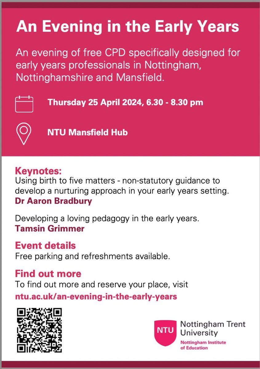 Calling Early Years professionals in the Midlands, East Mids and South Yorkshire. To celebrate our technical qualifications at Mansfield we are putting on an evening of free CPD just for you. To book your space follow the link below. ntu.ac.uk/about-us/event… #TeamEC #EYFS