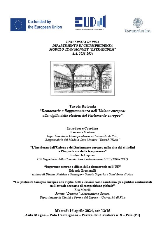 Gentes_Club's tweet photo. Il prossimo 16 aprile alle 12.15 avrà luogo una Tavola rotonda organizzata dall'Università di Pisa sulle prossime elezioni europee, dal titolo “Democrazia e Rappresentanza nell’Unione europea:  alla vigilia delle elezioni del Parlamento europeo” https://t.co/rIEmeKuirm