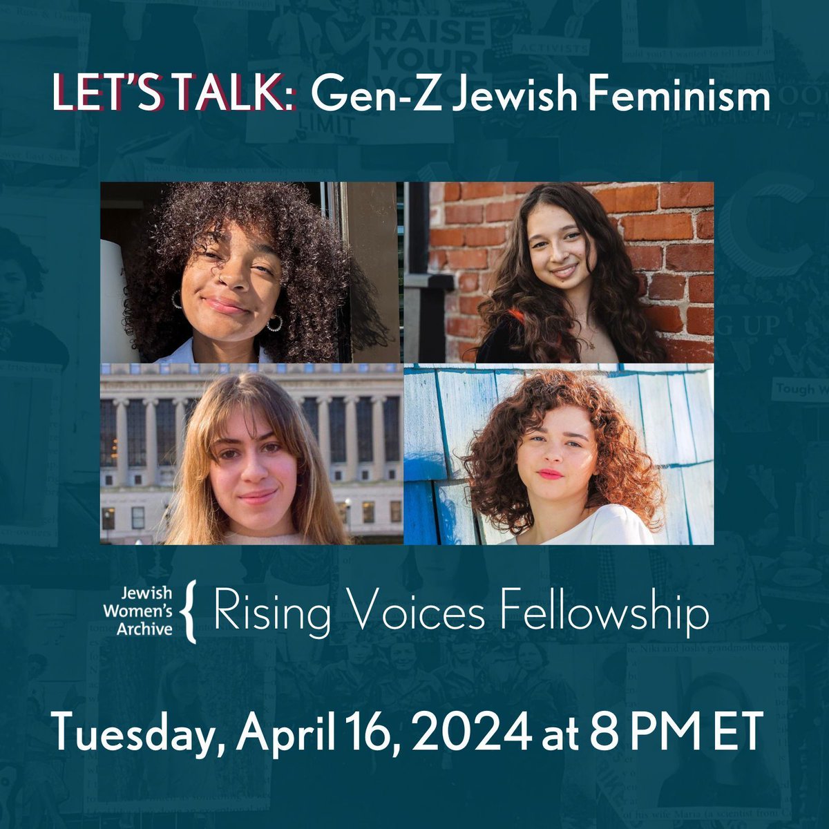 Tuesday! Join JWA virtually on April 16, at 8 PM ET for LET'S TALK: Gen-Z Jewish Feminism! Hear from four alums of JWA’s teen Rising Voices Fellowship about their feminist Jewish journeys and the issues that are important to them today. Register: buff.ly/3vrx8K0