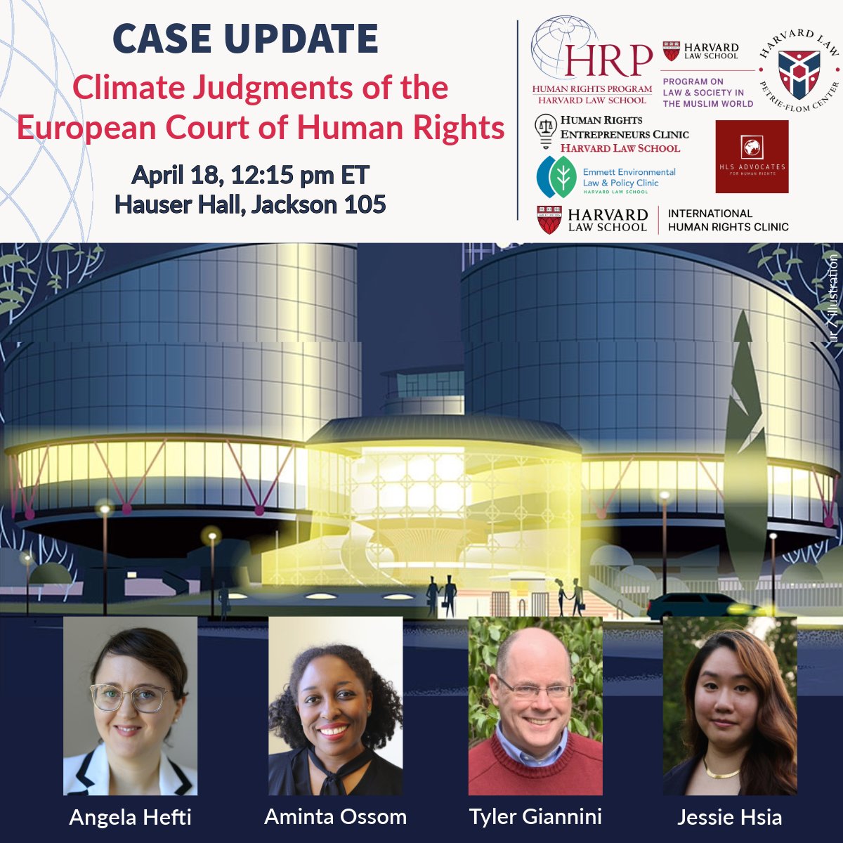 Join us in Jackson 105, Hauser Hall, on April 18 at 12:15 pm for a discussion of the recent decision by the @ECHR_CEDH in the #KlimaSeniorinnen case v. #Switzerland ruling that governments have human rights obligations to implement #climate mitigation.