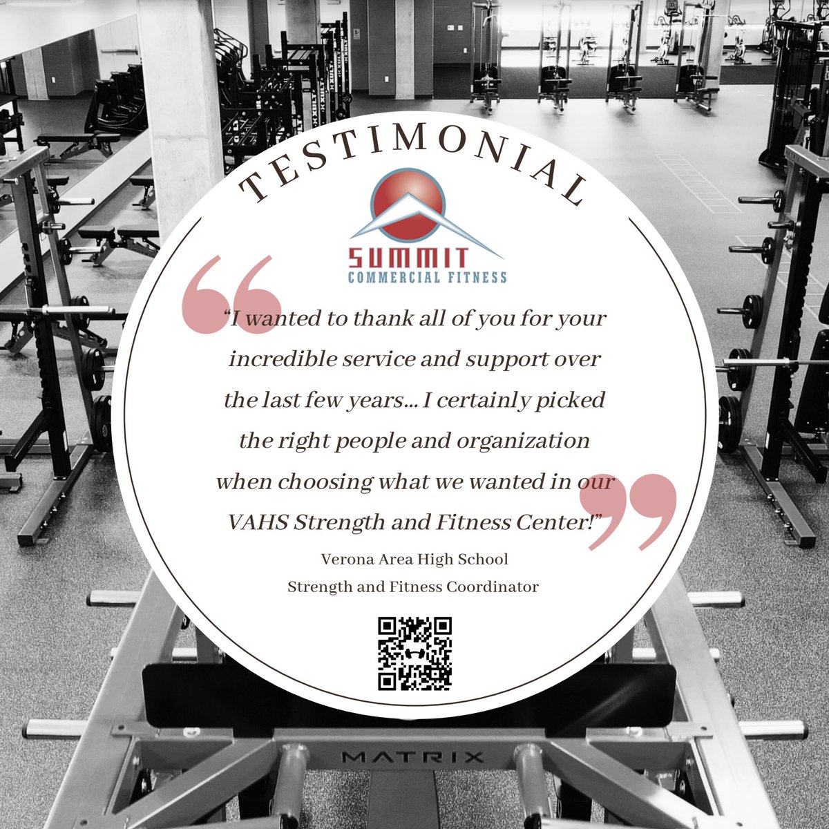 At Summit, we treat customers like Dave Richardson from @VeronaAthletics how we want to be treated. Contact us today to see what we can do to help with your fitness project. #SummitFitness