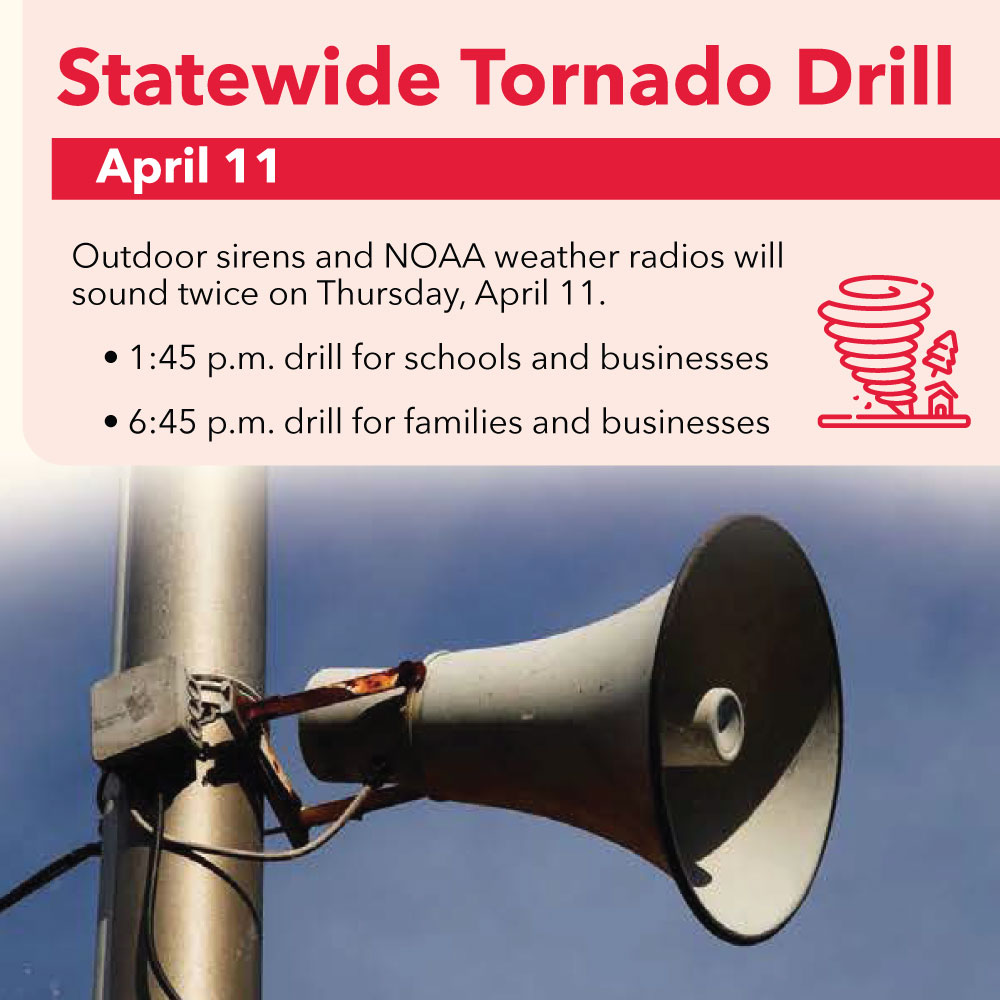 📢 Statewide tornado drills will be held today. Outdoor warning sirens will sound at 1:45 & 6:45 p.m. This is a great time to practice your emergency sheltering plans. #mnwx More info: bit.ly/3roI6uz