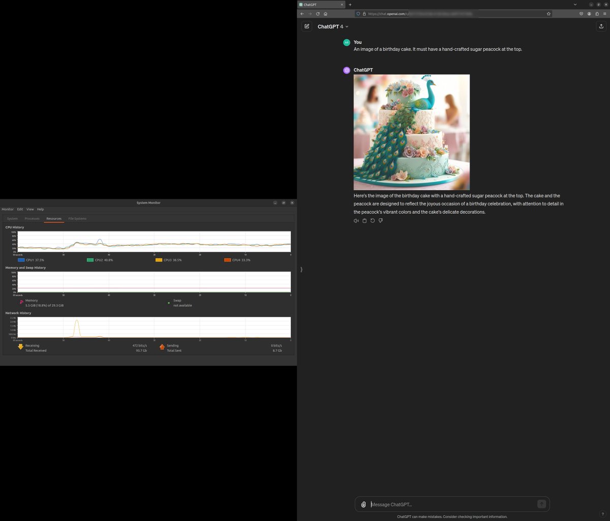 FreeSupport_in's tweet photo. @OpenAI Dall-E is using a lot of my CPU's processing power AT IDLE. Sometimes close to 80%.

How to replicate:
1) A text chat and idle
2) Get the baseline
3) Generate an image using DALL-E and idle
4) Monitor CPU usage https://t.co/a1eRG6rSMS