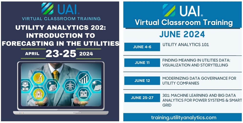 Upcoming UAI Training! 

🔹 April 23-25: Introduction to #Forecasting in #Utilities 
🔹 June 4-6: #UtilityAnalytics 101   
🔹 June 11: #DataVisualization 
🔹 June 12: #DataGovernance 
🔹 June 25-27: #MachineLearning and #BigData #Analytics

Register: training.utilityanalytics.com/course-calenda…