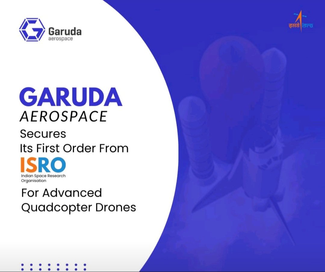 Garuda #Aerospace Private Limited has collaborated with the Department of Space's @isro - Indian Space Research Organization (ISRO) to supply its cutting-edge Quadcopter #drones.

#space #startup #startupindia #dronetech