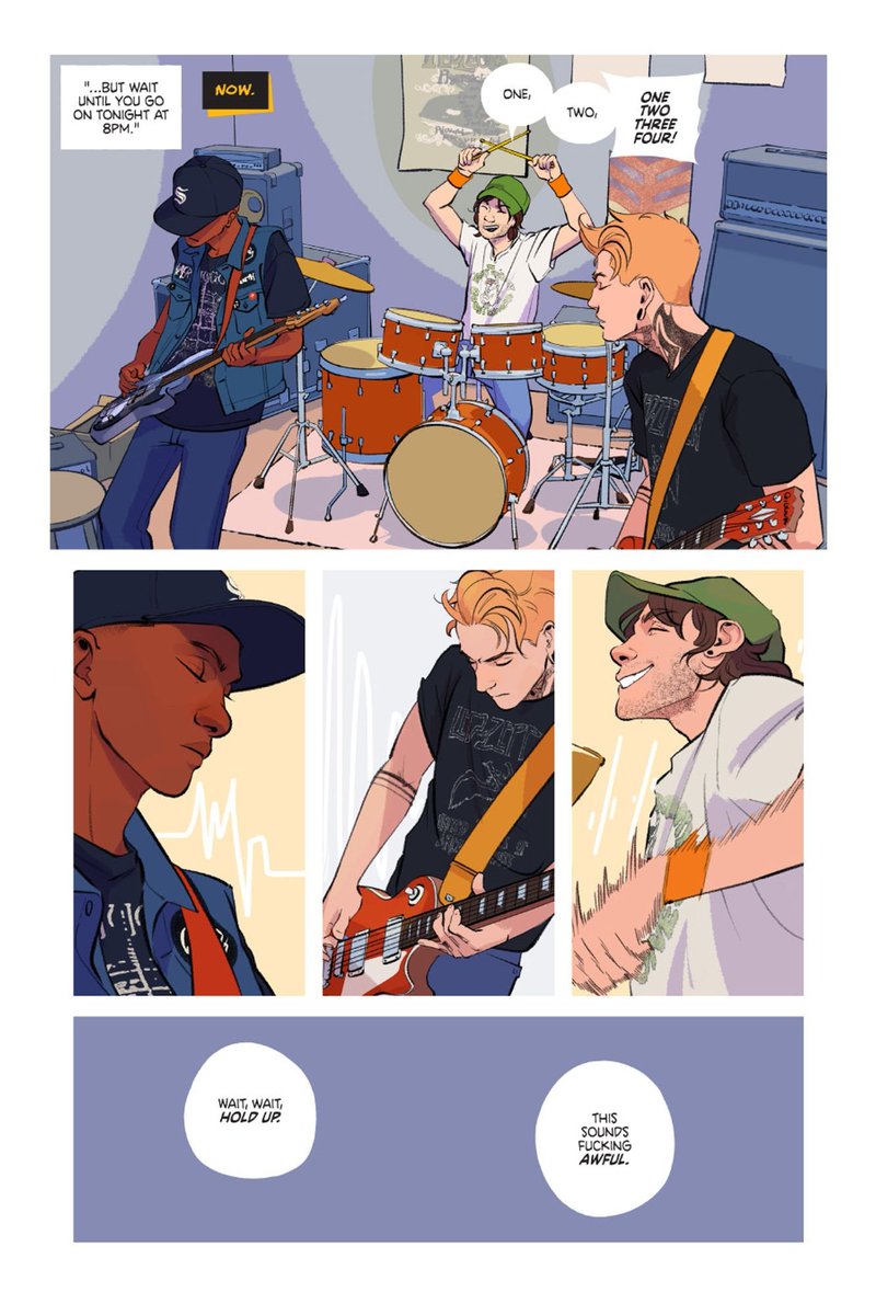 Keeping Time is a queer, adult webcomic that's a bummer of a romance between two deeply flawed, not-at-all-wholesome guys who fell out in high school and now made the terrible decision to be in a band again.

🎸Launching publicly on April 23rd at the website in the first image! 