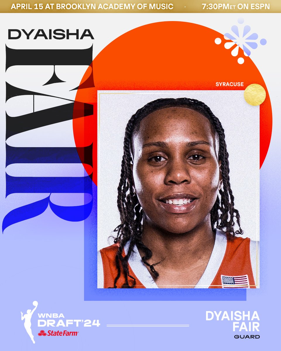 Next Stop. Brooklyn, NY. A 5’5 guard from @CuseWBB, @DyaishaFair is heading to BAM for the 2024 WNBA Draft presented by @StateFarm! Tune in on April 15th at 7:30pm/ET to see where she lands 📷