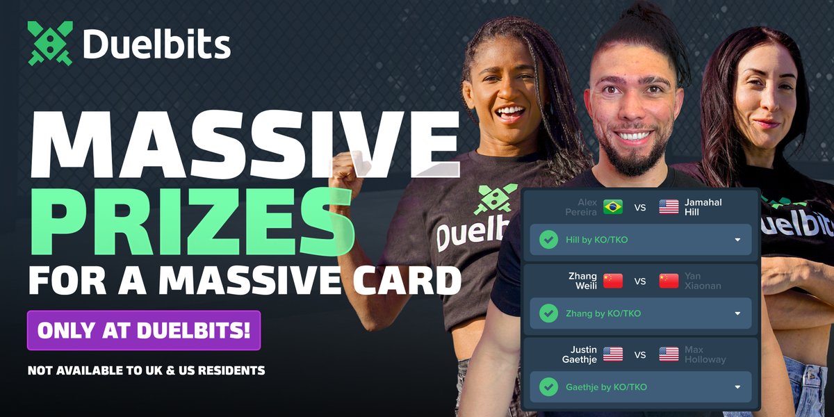 🔥 A HISTORIC MMA event needs rewards for the ages and that's just what you're getting FOR FREE! ⚡ 😎 Our Free To Play game has a HUGE 3 BTC Jackpot and a $10K leaderboard this week! 🤑 👇 Simply pick your favorites and predict the fights to win big! 👇 duel.bz/300
