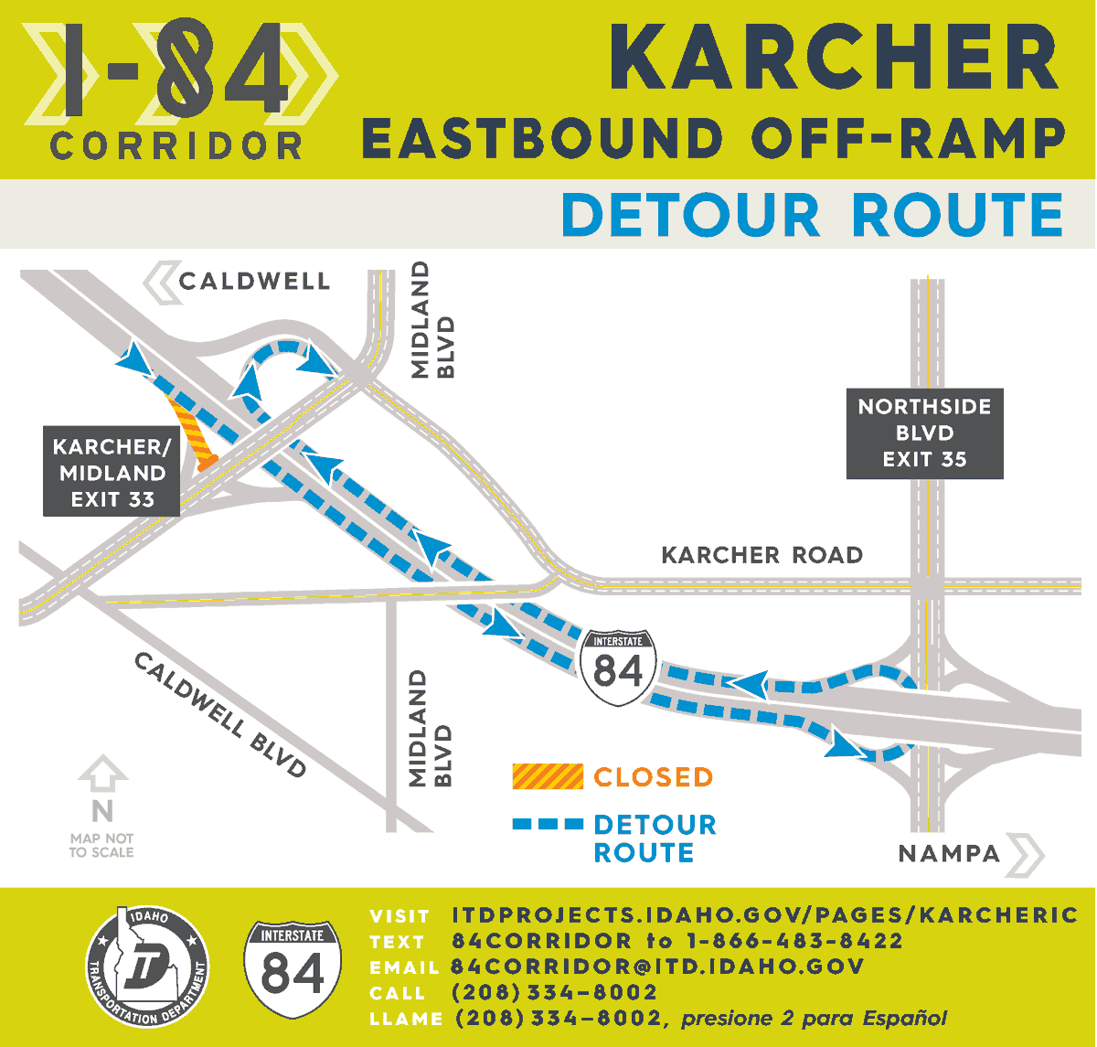 The Karcher Interchange I-84 Eastbound off-ramp (Exit 33) will be closed tonight from 10 p.m. to 5 a.m. Thursday 4/11. Click the link below to download the latest bulletin and learn more about the closure. itdprojects.idaho.gov/documents/IPLA…