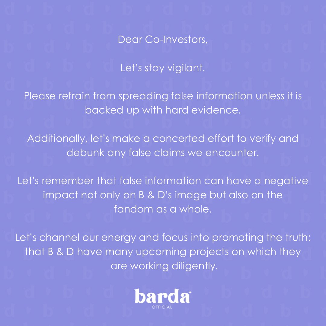 Stay informed &amp; be discerning when it comes to news about B &amp; D. It's important to focus on supporting them positively &amp; creating a community that fosters kindness &amp; respect. Together, we cultivate a healthier fan culture that safeguards and uplifts B &amp; D💗

#BarDa