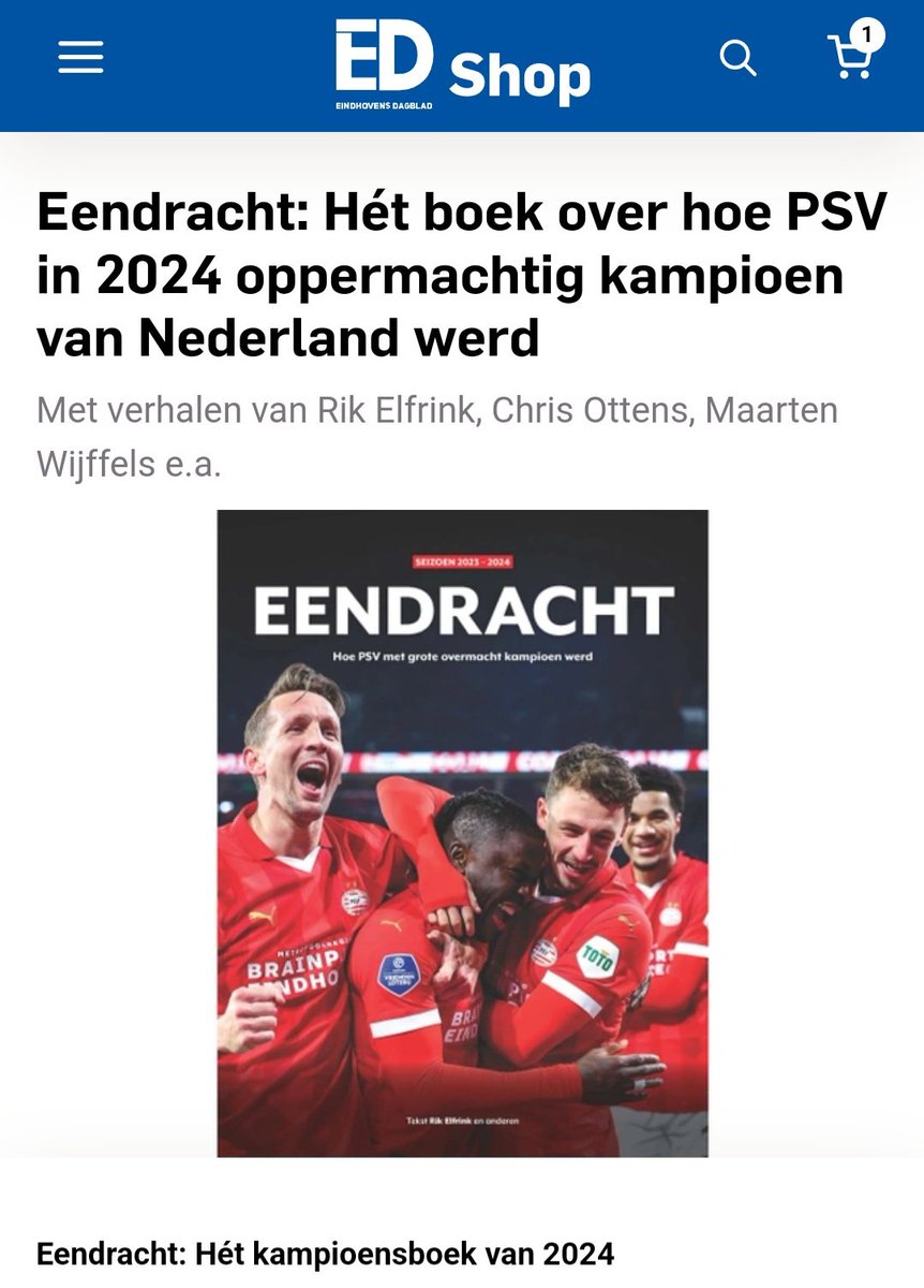 Het kampioensboek van PSV is al te bestellen, via ed.nl/eendracht. De titel is 'Eendracht' en het bevat uniek (foto)materiaal van dit seizoen. Een bezit voor het leven! ED en AD schreven voor u, met stukken van Maarten, Sjoerd, Chris, Dennis, Ad e.a. Geniet ervan straks!