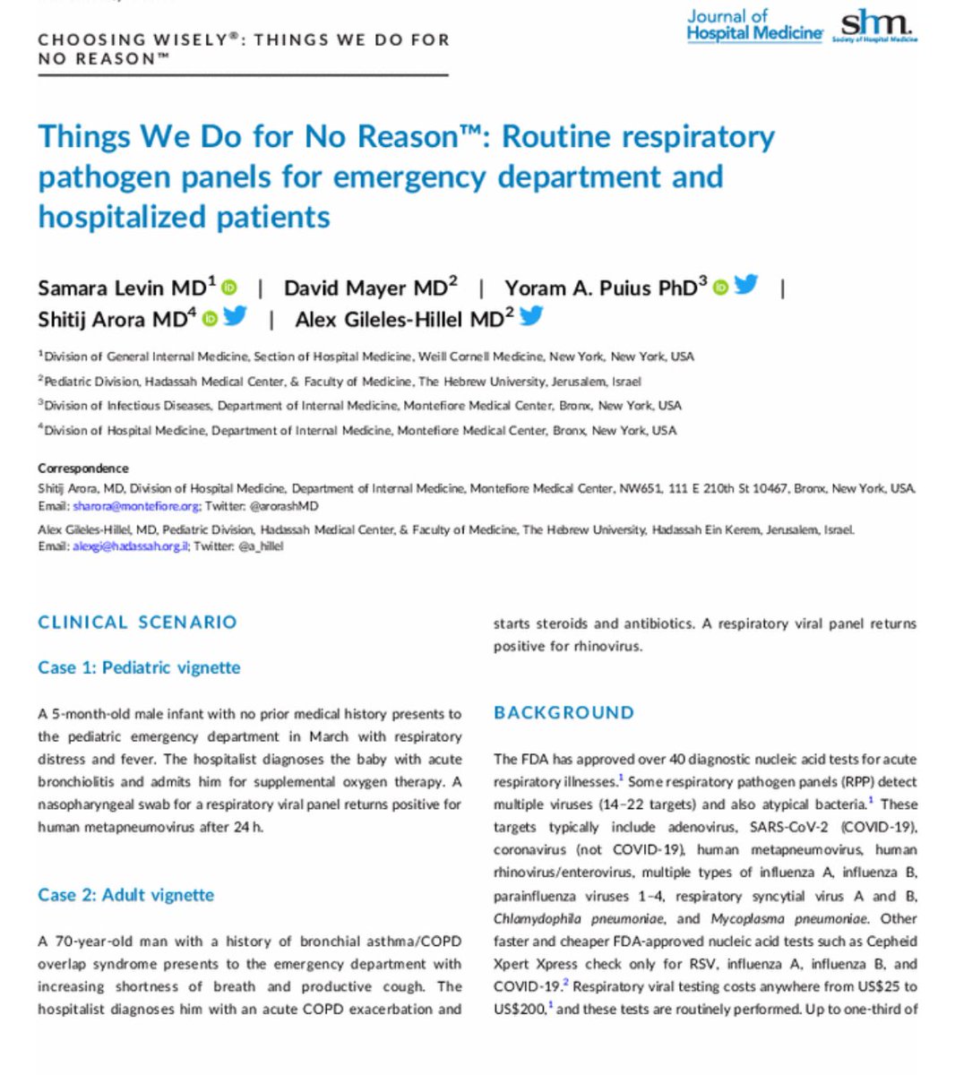 Things We Do for No Reason™: Routine respiratory pathogen panels for emergency department and hospitalized patients …mpublications.onlinelibrary.wiley.com/doi/full/10.10…