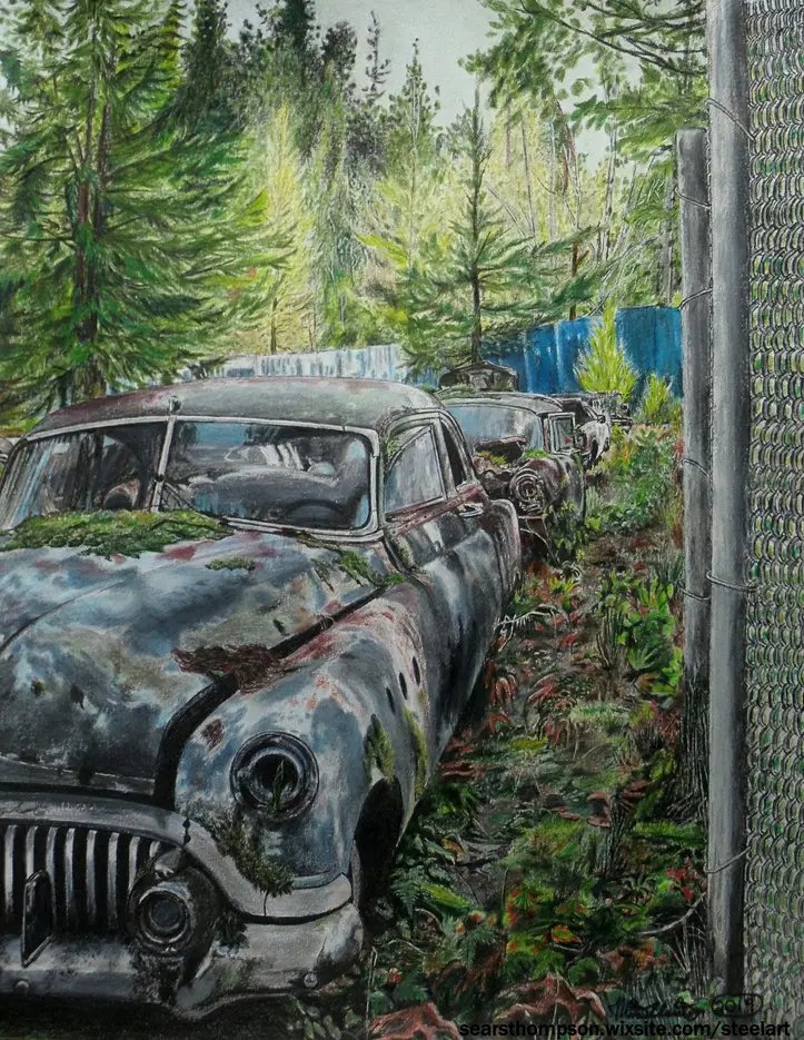 Throwback post
I completed the 2nd piece in my Salvage Series, 'Along The Fence,' on this day in 2019. 

#artist #throwback #drawing #traditionalart #originalart #artseries #classiccar #junk #yard  #abandoned #car #art