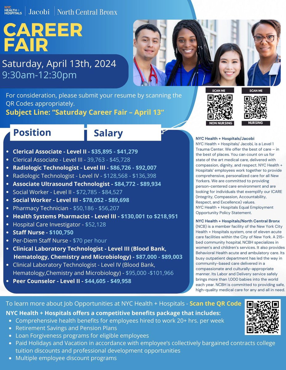 Join us this Saturday, April 13, for our #CareerFair! Registration is required. See the flyer below for details on the available positions. Join our amazing team. #WeAreHiring See you there. #JacobiNCBStrong