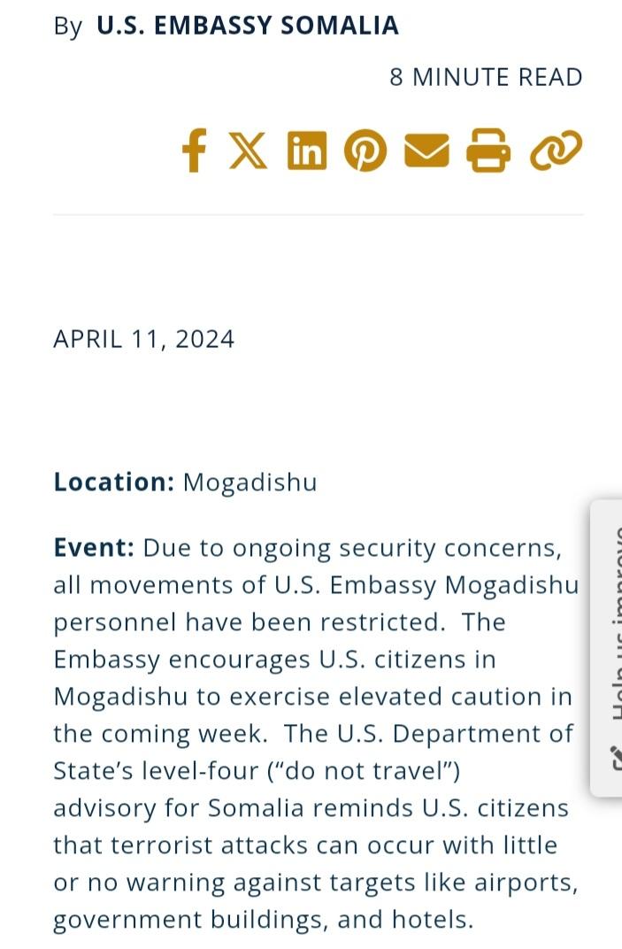 2nd time in a week @US2SOMALIA posted stern warning ⚠️ to 🇺🇸 citizens to not travel to 🇸🇴. 🇺🇸 has spent billions of 💸 on 🇸🇴's security & military training & nothing to show for it. Why 🇺🇸 taxpayer's 💰 is being waisted on 🇸🇴 that isn't taking responsibility for their security.
