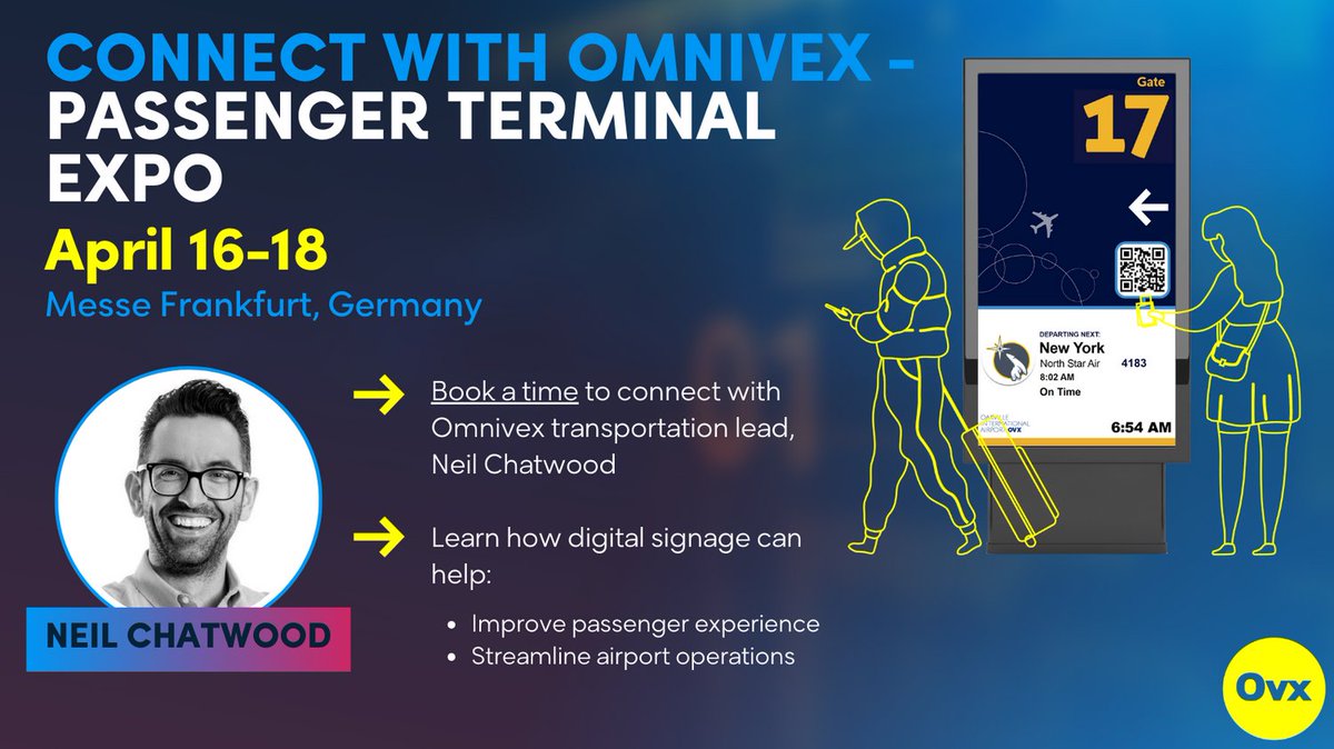 Connect with Omnivex Transportation Lead, Neil Chatwood, at the Passenger Terminal Expo in Frankfurt. Learn how #digitalsignage can help you improve #passengerexperience & streamline airport operations. 👉 Book a meeting: freebusy.io/nchatwood@omni…