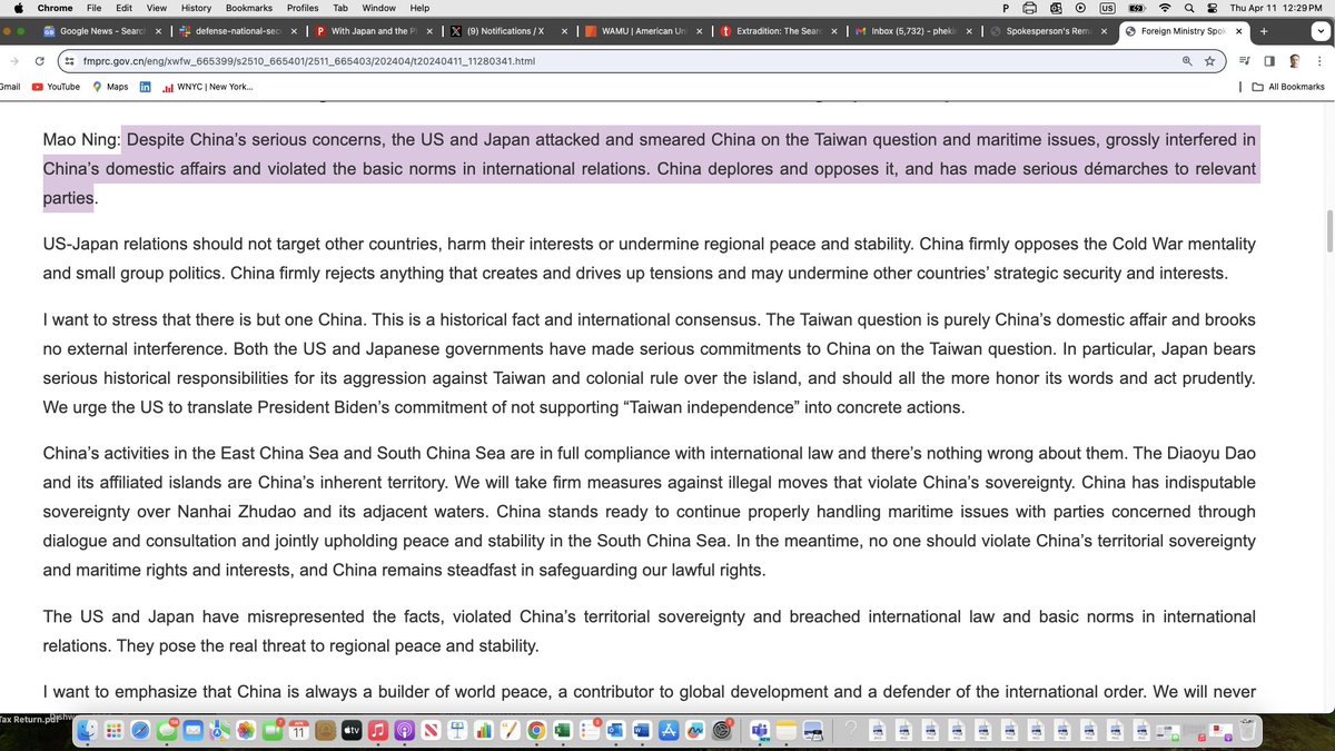 Beijing lashes out at Biden-Kishida summit readouts. "The US &amp; Japan have misrepresented the facts, violated China’s territorial sovereignty and breached intl law and basic norms in international relations. They pose the real threat to regional peace and stability." 🧵 1/2