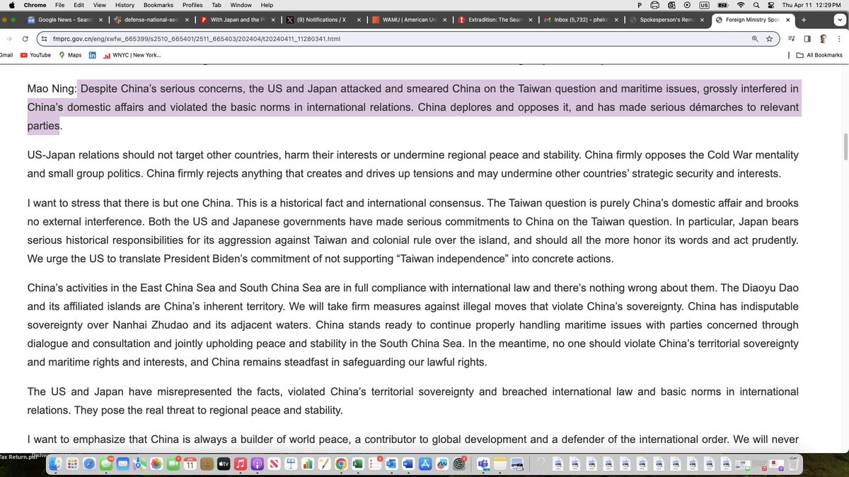 Beijing lashes out at Biden-Kishida summit readouts. 'The US & Japan have misrepresented the facts, violated China’s territorial sovereignty and breached intl law and basic norms in international relations. They pose the real threat to regional peace and stability.' 🧵 1/2