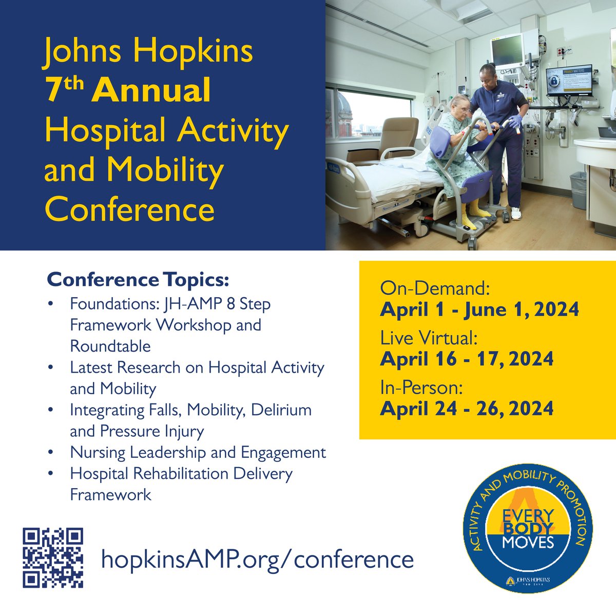 Registration for the 7th Annual Hospital Activity and Mobility Conference ends in one week! Register now and join a community of experts from around the world making #PatientMobility a priority. bit.ly/3vEGkL7 #icurehab #fallprevention #acutecare #pressureinjuries