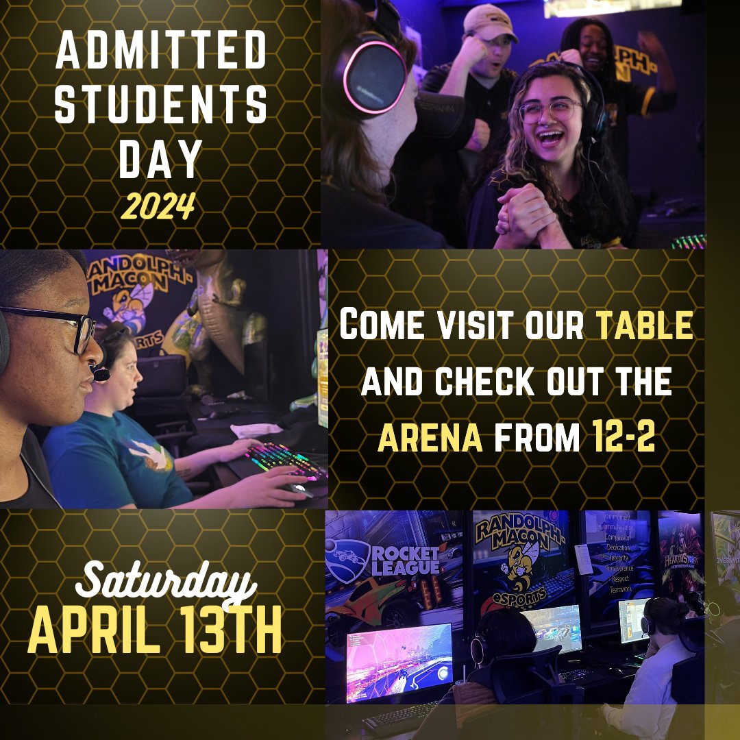 Interested in Esports but want to learn more? Come visit us this Saturday, April 13 at Admitted Students Day! We'll have a table set up where you can learn more and talk to members of our program! We'll also have the arena open for touring from 12-2!

#RMCEsports #esports #rmc