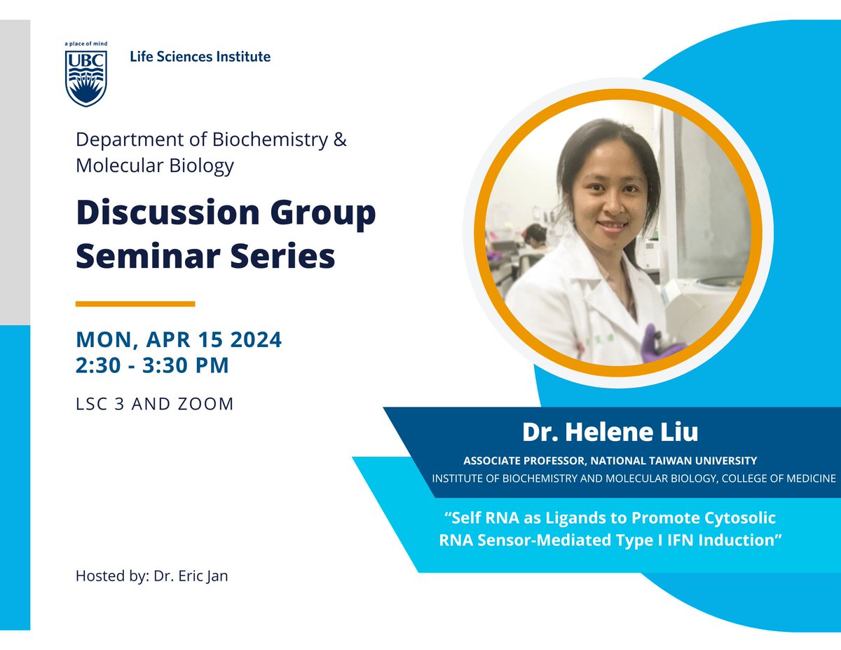 📢Next Monday We would like to invite you to our Discussion Group Seminar Series featuring Dr. Helene Liu. Title:  “Self RNA as Ligands to Promote Cytosolic RNA Sensor-Mediated Type I IFN Induction.” 📍Monday, April 15, 2024, 2:30 PM, LSC 1003 and Zoom Hope to see you there!