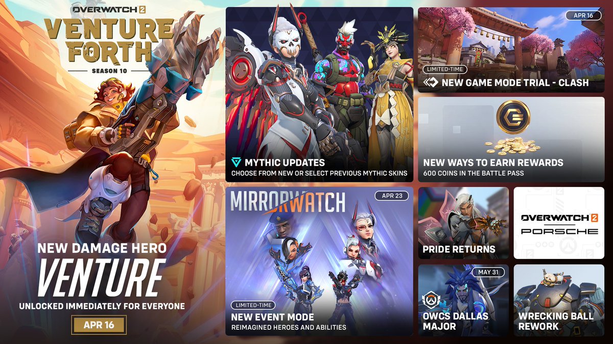 It’s time to Venture Forth into another jam-packed season of #Overwatch2 💥 ⚒️ New Hero: Venture 🔥 Mythic Skin Updates 🔄 Mirrorwatch Limited-Time Event ⚔️ Clash Game Mode Trial ✨ And much more! Check out our content roadmap and dig in when Season 10 launches April 16 🤘