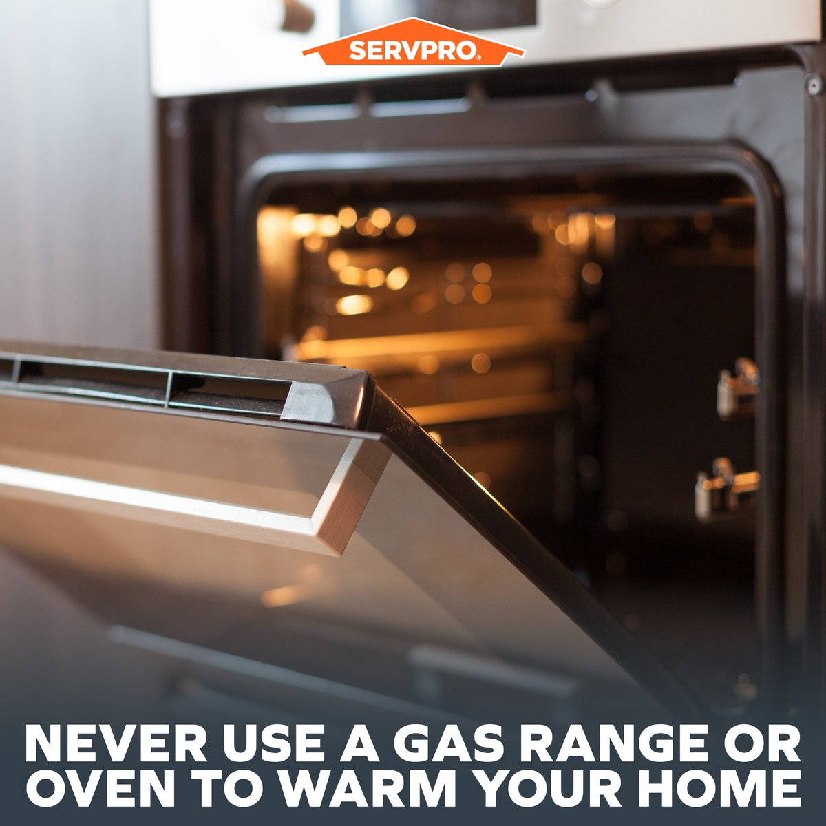 Never use a gas range or oven for heating. Using a gas range or oven for heating can cause a buildup of CO inside your home, cabin, or camper.