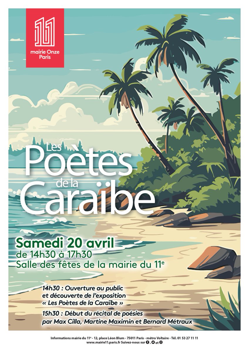 Samedi 20 avril, en Salle des fêtes de la Mairie, ne manquez pas l'événement 'Les Poètes de la Caraïbe au coeur de Paris' qui proposera exposition, récital et poésies qui vont vous faire voyager et vibrer.