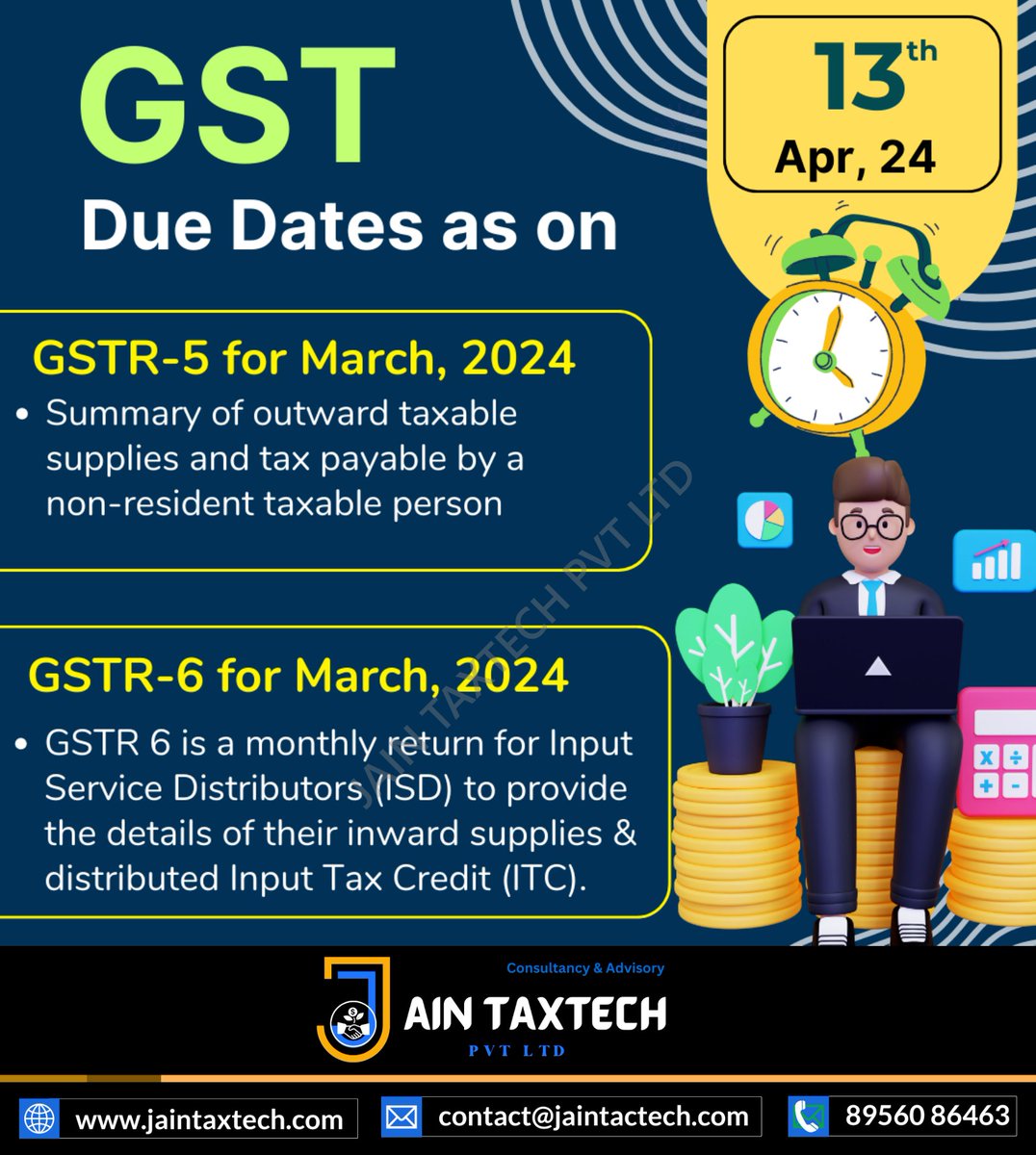 📊 Attention non-resident taxable persons! 🌏 File your GSTR-5 for the summary of outward taxable supplies and tax payable under GST laws. Ensure timely compliance with Jain TaxTech. 💼🔍 #GSTR5 #TaxCompliance #NonResident #AccountingServices #FinancialConsulting