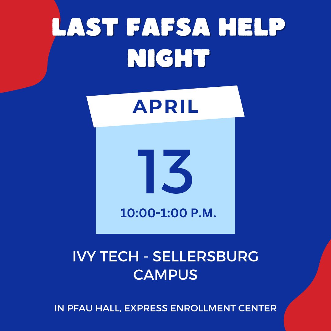 🚨 Attention Students! 🚨 We're down to just 5 days left to the FAFSA deadline! There's one FAFSA help night left April 13 from 10AM-1PM at Ivy Tech, Express Enrollment Center. For questions reach out to your school counselor. We're here to support you every step of the way.