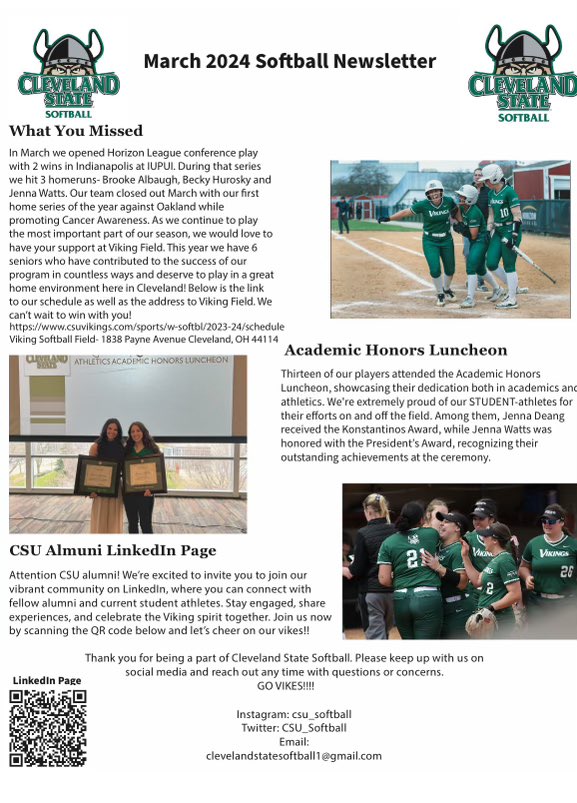 🚨 Our latest Monthly Newsletter is out! 🚨 If you’d like to be added to the distribution list for future newsletters, please email vikingsoftball1@gmail.com with your information! #GoVikes💚