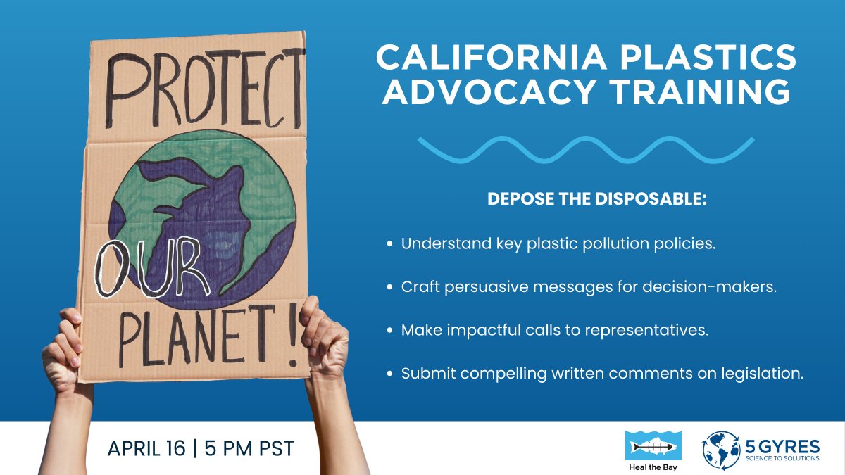 📢Calling all eco-warriors! Join @HealTheBay and 5 Gyres for an empowering virtual workshop to become an advocate for plastic reduction. Together, we can turn the tide against plastic pollution in California! Register now: healthebay.my.salesforce-sites.com/GW_Volunteers_…