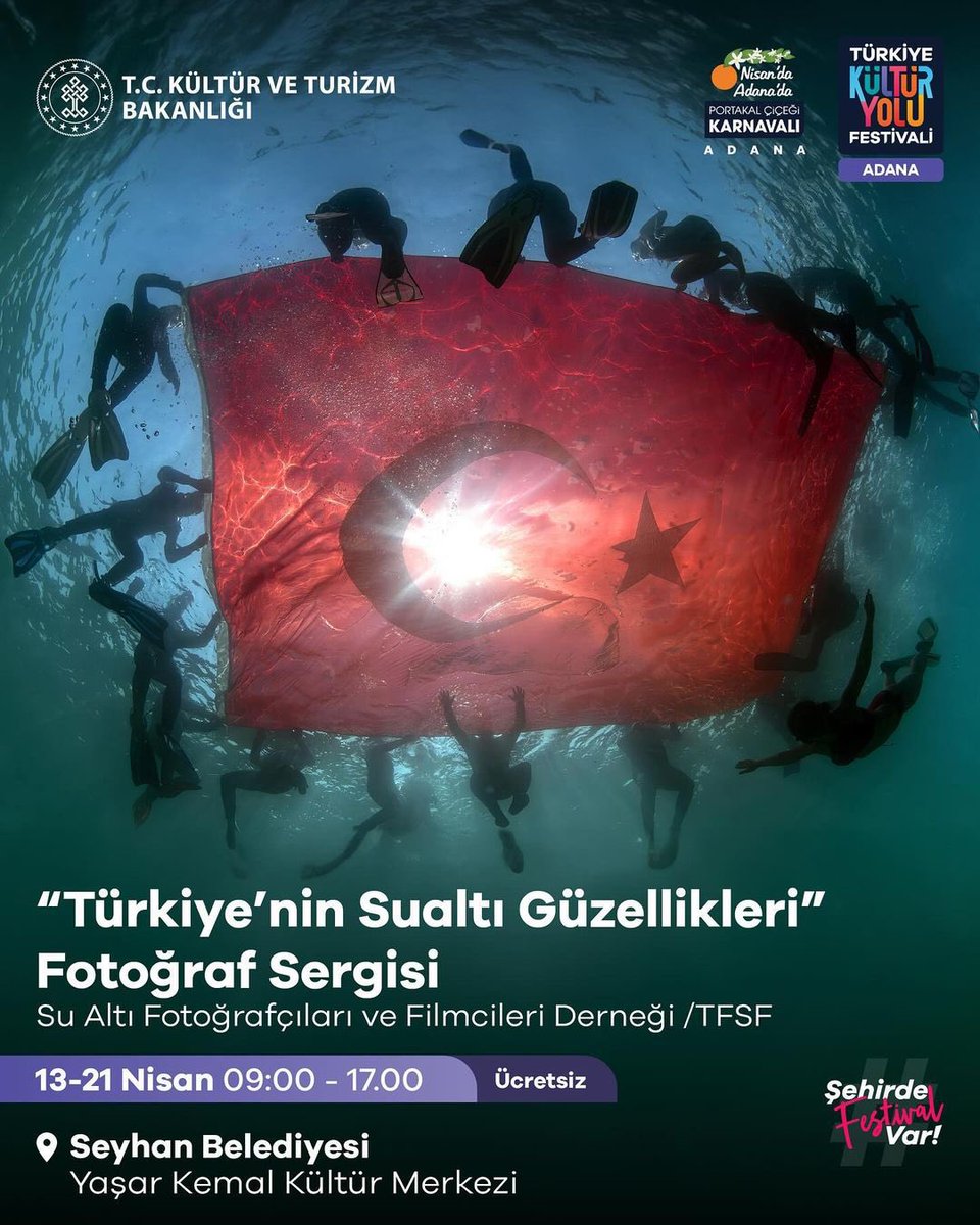 🗓️ “Türkiye’nin Sualtı Güzellikleri” Fotoğraf Sergisi | Seyhan Belediyesi | 13 - 21 Nisan

Bizi takip et, festival heyecanına ortak ol! 🌟
#NisandaAdanada

@turkiyeky 
@TCKulturTurizm 

#AdanaPortakalÇiçeğiKarnavalı #TürkiyeKültürYoluFestivali #NisandaAdanada #ŞehirdeFestivalVar