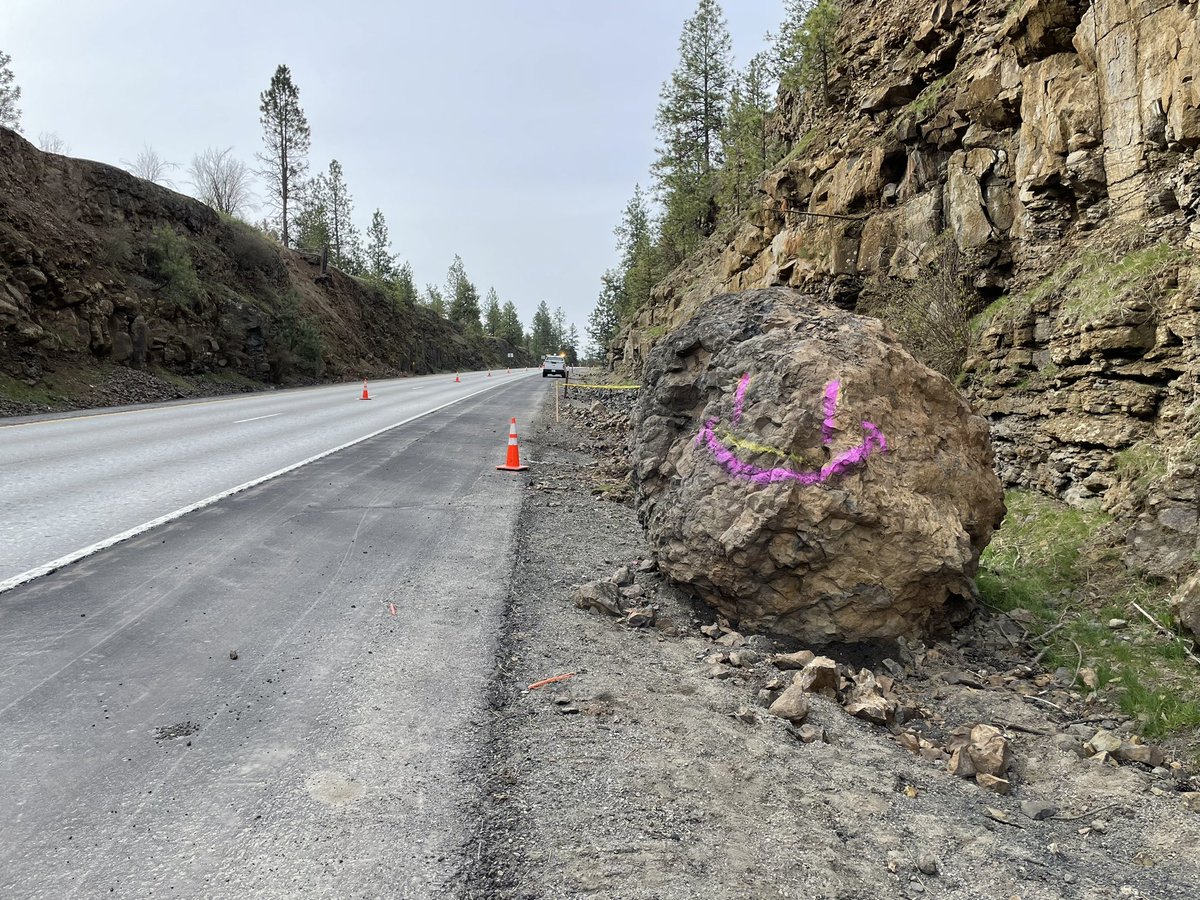 Remember that large boulder the size of a large boulder on US 195 south of Spokane? We are about to attempt to fracture it into a few pieces using high water pressure so that we can remove it from the SB shoulder.