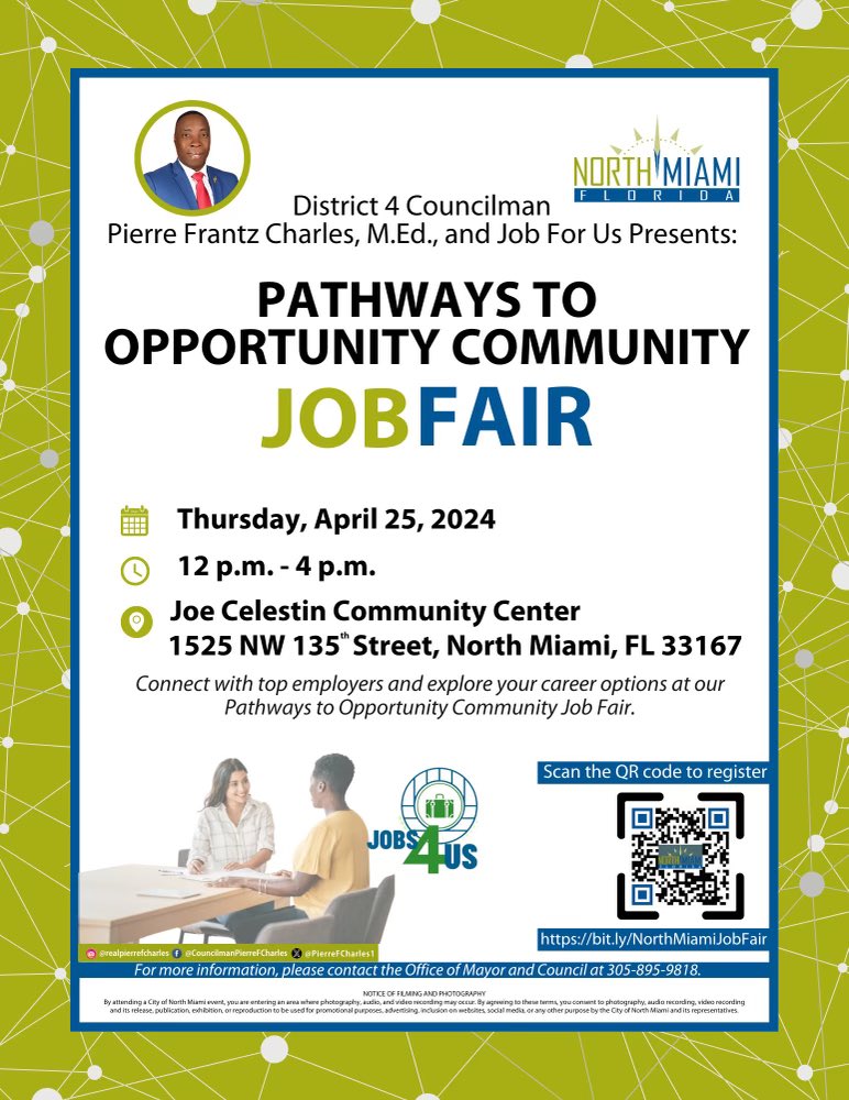 Join us at our Pathways to Opportunity Community Job Fair, where you’ll connect with top employers ready to help you kickstart your career journey. Register now and pave the way to a brighter future!
THURS. APRIL 25th
12pm - 4pm
Joe Celestin Community Center 
1525 NW 135th St.