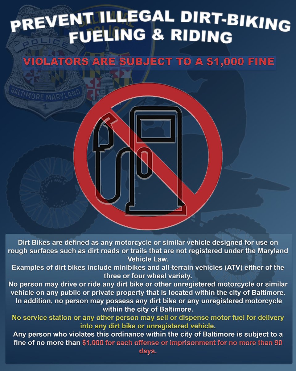 BaltimorePolice's tweet photo. What you need to know about illegal dirt bikes and all-terrain vehicles.
Text a tip, photo, video or leave a voicemail at 443-902-4474.
#publicsafety #BPDTips
#BPDSafety