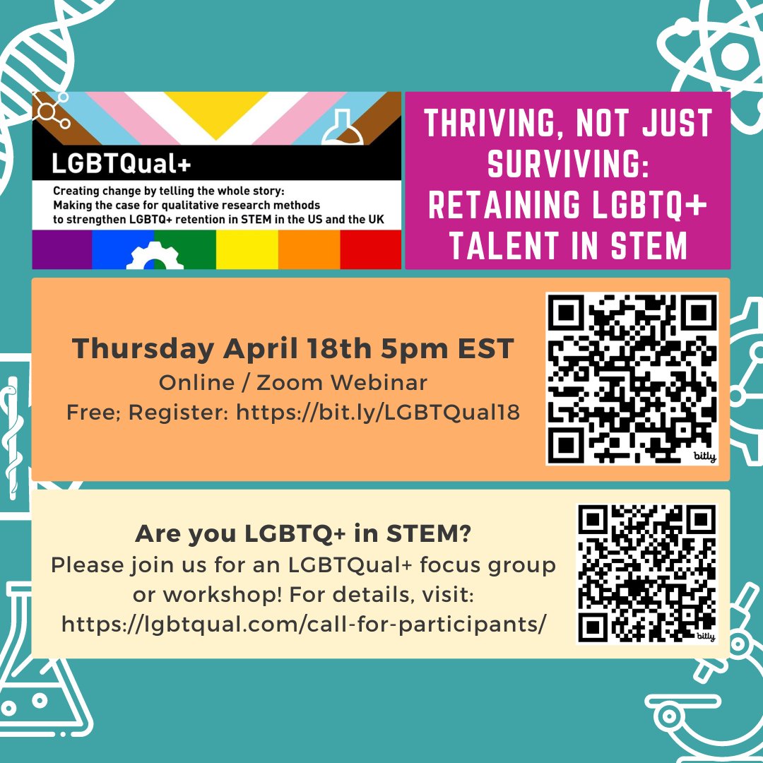 Please share

<a href="/LGBTQual/">LGBTQual</a> presents: Thriving, not just surviving: Retaining LGBTQ+ talent in STEM
April 18th - Now online only

2pm San Francisco
3pm Salt Lake City
4pm Minneapolis
5pm Boston
10pm London

Or tell us which city you'll join from
#QueerInSTEM #PrideInSTEM #OutInSTEM