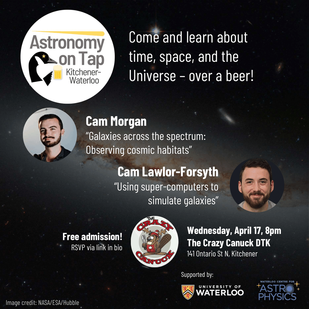 💫 Come hear how we can learn about galaxies through observations and simulations over a beer at our next Astronomy on Tap! ✨ The event is free but there are limited spaces so make sure you get your ticket by clicking here: eventbrite.ca/e/astronomy-on…