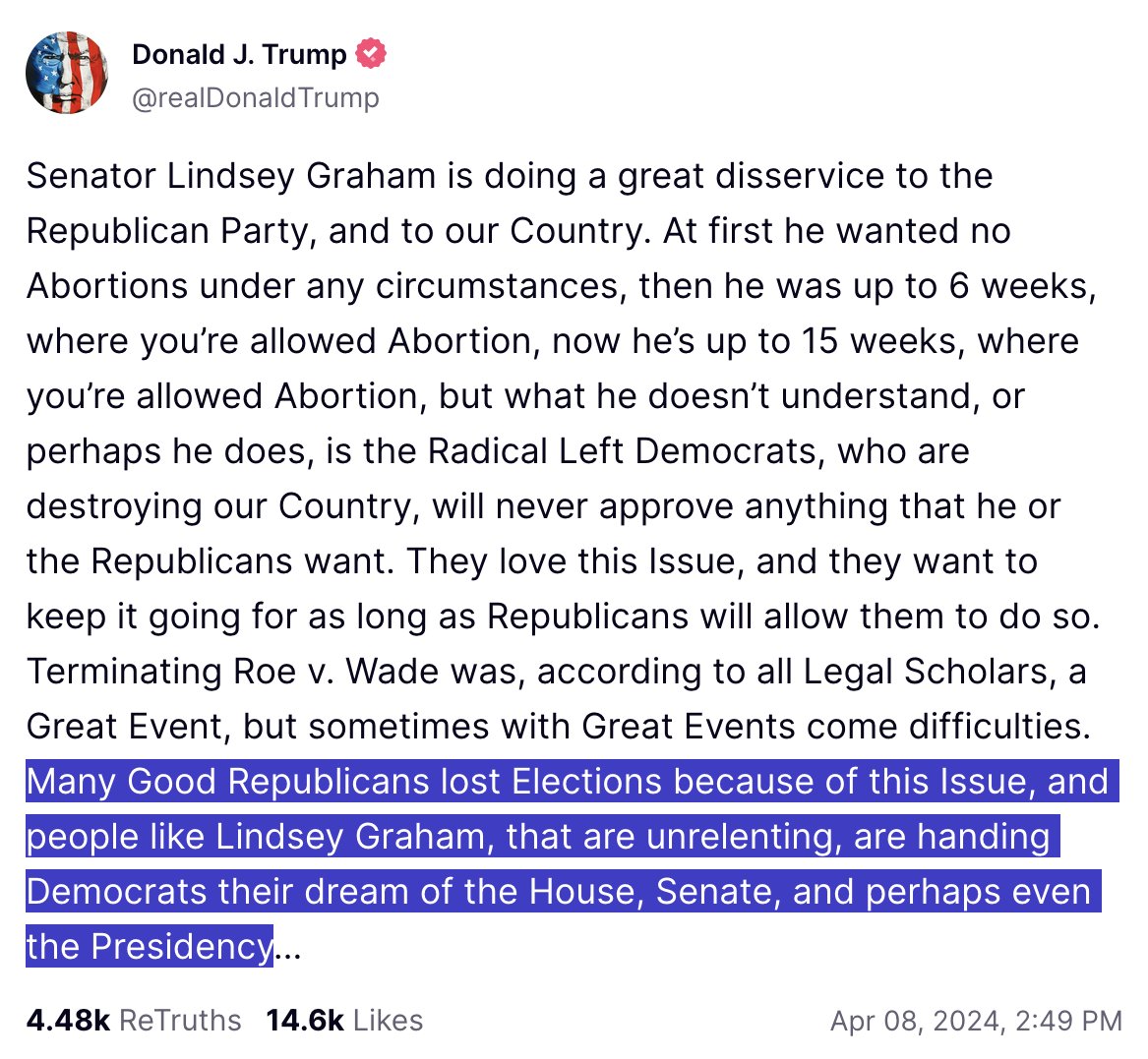 Under-appreciated moment in this week's abortion drama: rare admission from Trump that he and his party could potentially lose the 2024 election because of a legitimate policy issue, rather than the longstanding theft/rigged go-to.