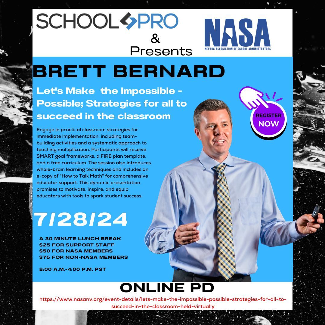 Dive into the power of motivation with Brett Bernard on July 28th in 'Let's Make the Impossible - Possible; Strategies to Inspire and Motivate.' Discover strategies to foster a quality work ethic and effective leadership. 💼🌟 Register at nasanv.org/event-details/…
