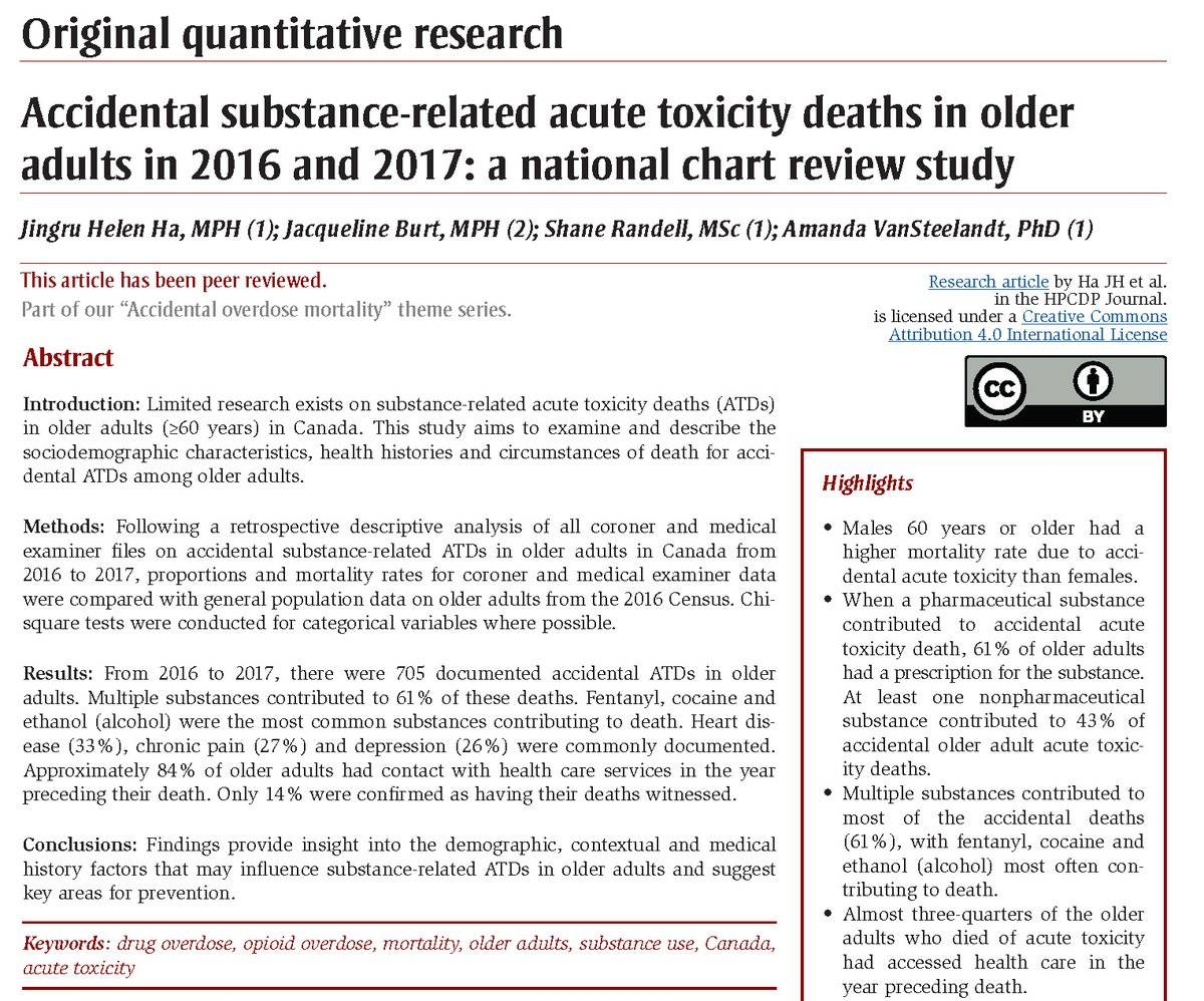 This study examined the sociodemographic characteristics, health histories, and circumstances of death for accidental substance-toxicity deaths among older adults in Canada. #HPCDP Journal doi.org/10.24095/hpcdp… #PHAC #opioidcrisis #substanceuse