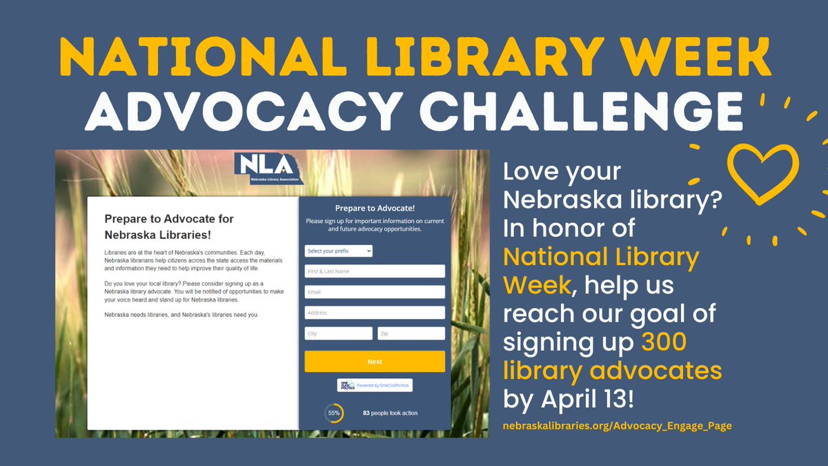 NebLibraries's tweet photo. It's #TakeActionForLibrariesDay, and the easiest way for you to advocate for Nebraska libraries only takes a few clicks. 📲

Sign up as a Library Advocate today: https://t.co/dPsBlHarAl https://t.co/x7mBTM1b4L