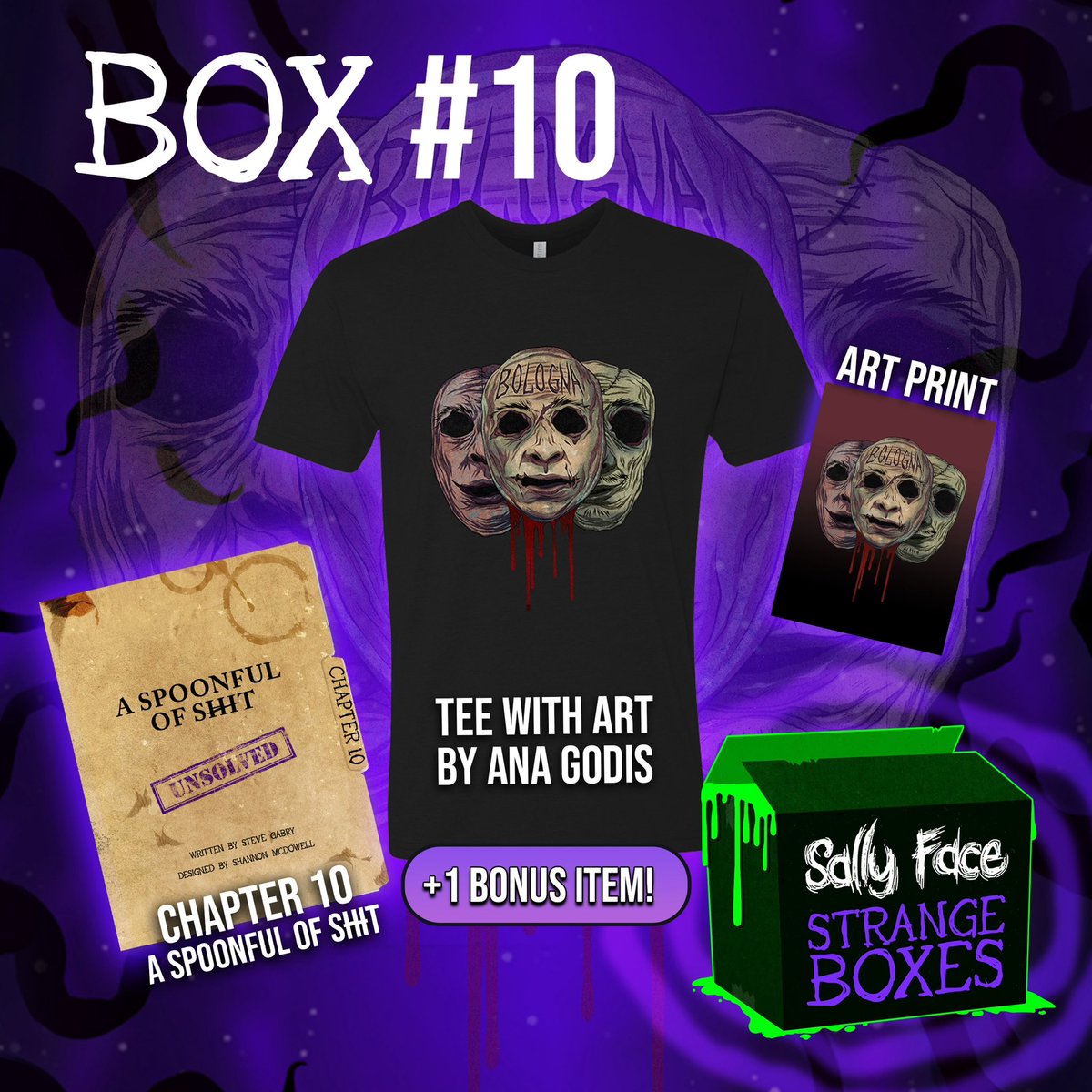 Grab your Strange Box 10 now! Packed with Ana Godis's unique T-shirt & art print, a quirky Packertons’s Meat apron, and a brain-teasing puzzle 'Chapter 10: A Spoonful of Shit.' Dive into a mix of art, mystery, and culinary fun. Don't miss out! Head to 👉 maestromedia.com