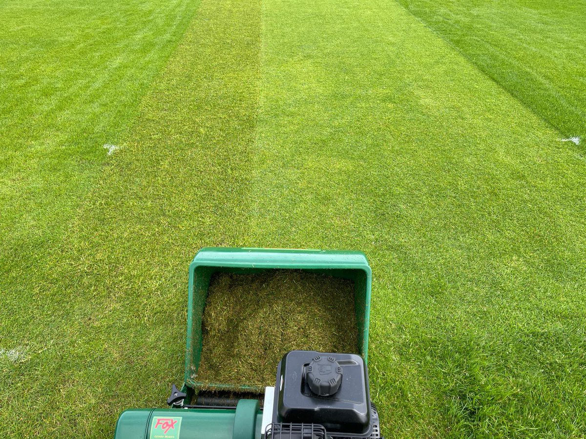 🏏 First Cut - at last. #AandK have completed the first cut of the season. Using our new @FoxCylMowers 👏🏼 Thanks to @RanceTim & @Freddie1952 who have at least started to cut our outfield, lots still too wet to cut and get the roller to the square. Huge challenge to be ready.