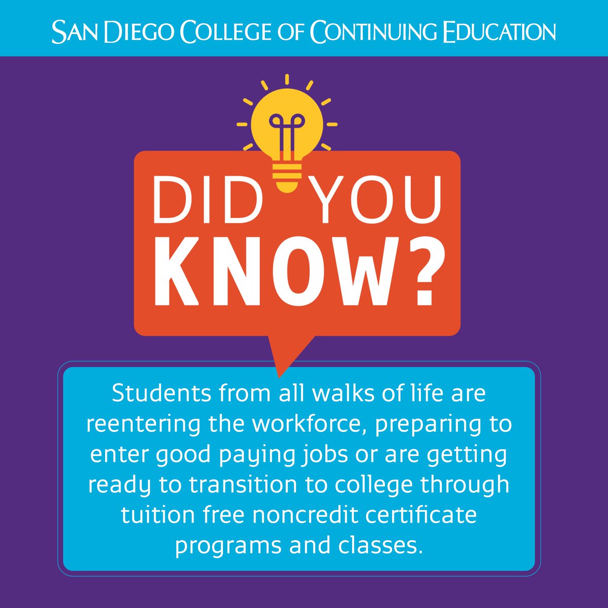 🎓💡Find high-quality, short-term programs of all kinds, from web development to culinary arts, from programming with python to HVAC and dozens more, available to all students 18+ at no cost to them at SDCCE. Learn more about noncredit and enroll now at SDCCE.EDU