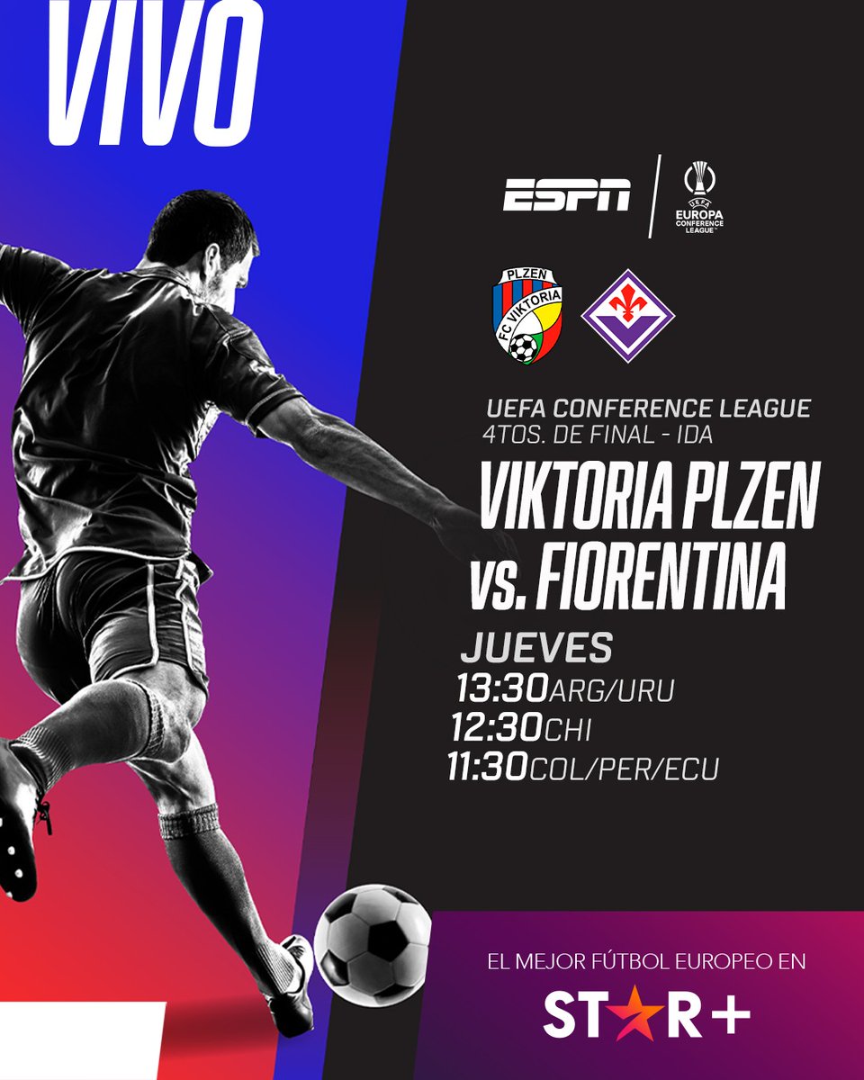 Yaaaaaaa! Cuartos de final de #ConferenceLeague 🇨🇿 #ViktoriaPlzen vs #Fiorentina 🇮🇹 Lo relato en #ESPN y @StarPlusLA con @vitodepalma