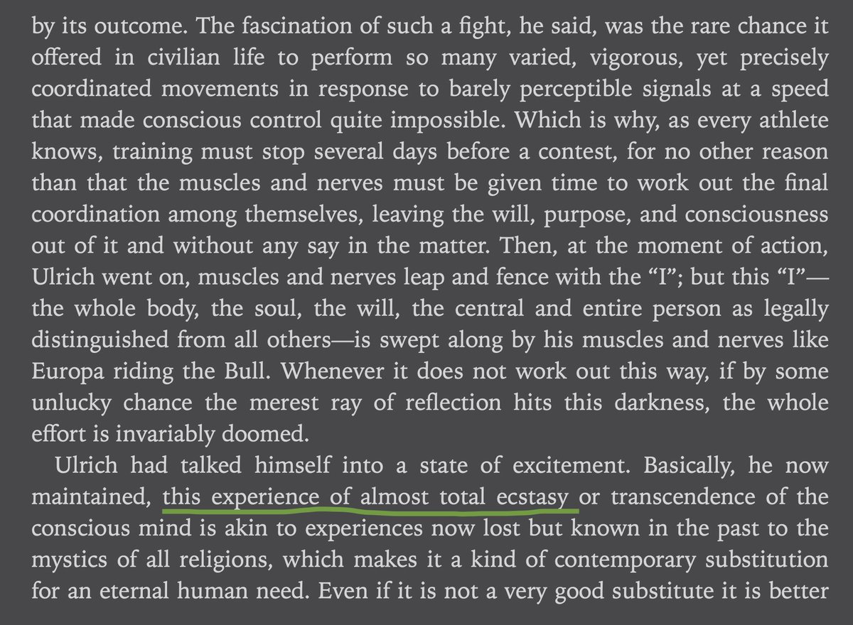 bronzeagemantis's tweet image. A passage I've always liked from Musil's Man Without Qualities--boxing, sport as mystical-ecstatic transcendence in modern world...said with usual half-ironic cheerful malice, but only half...Ulrich tells this to his new girlfriend/mistress who rescues him after a fight in street